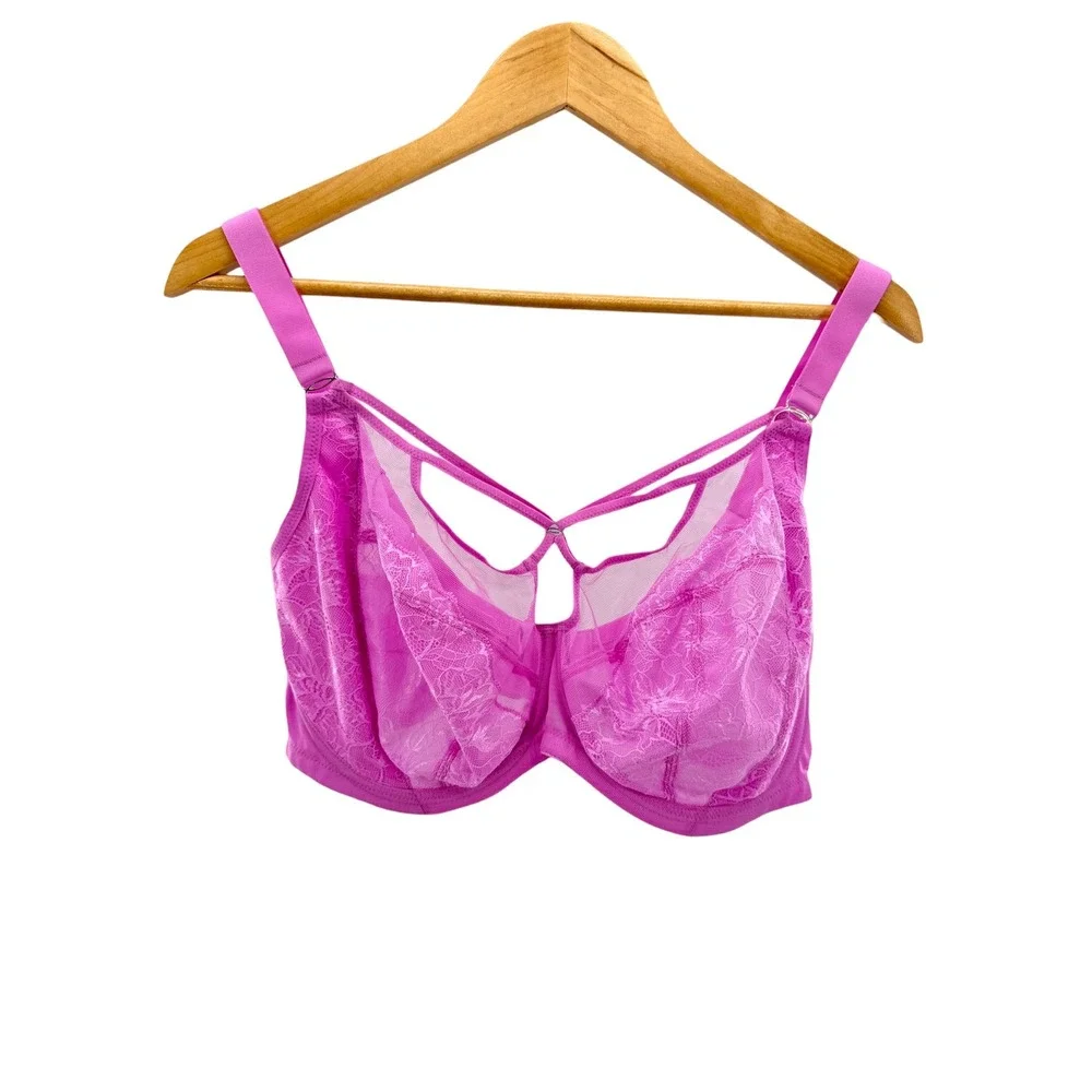 Elomi Brianna Plunge Bra 40H US 40FF Pink Strappy Lace Underwire EL8080VEK NEW